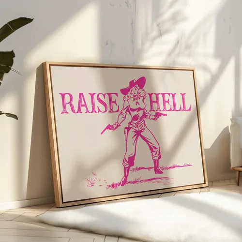 Miniatura 4 de Poster Master Póster retro de vaquera rosa con texto en inglés "Raise Hell", diseño de pared occidental, regalo para hombres y mujeres, decoración