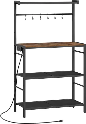 Miniatura 10 de MAHANCRIS Estante de panadería con toma de corriente, estante de almacenamiento para cocina con 6 ganchos, soporte para microondas