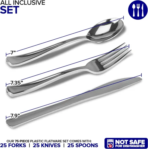 Miniatura 2 de Juego de cubiertos de plástico resistente (plateado) de 75 piezas, juego de cubiertos desechables, ideal para fiestas, bodas y catering, cubiertos