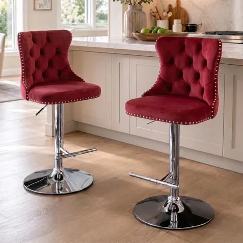 Miniatura 17 de SoarFlash Juego de 2 taburetes de bar tapizados de terciopelo moderno con patas de madera, botones acolchados, cabeza de clavo cromada, asiento