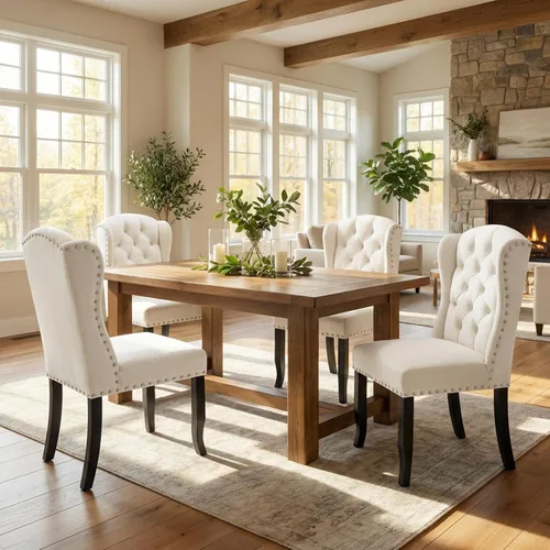 Miniatura 14 de DUOMAY Juego de 2 sillas de comedor modernas copetudas, sillas de comedor tapizadas de lino, sillas auxiliares sin brazos para cocina, comedor, Beige