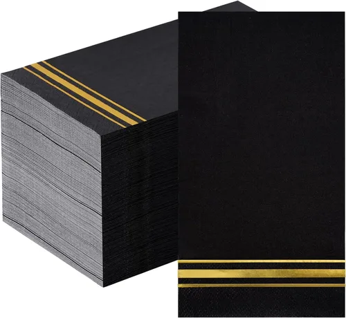 Miniatura 8 de 200 servilletas de papel forradas con borde dorado, elegantes servilletas de cena de 3 capas de papel blanco y dorado, toallas de mano desechables