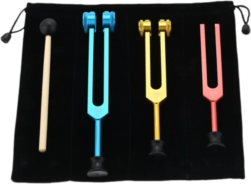 Miniatura 10 de Juego de diapasones 128Hz, 256Hz, 512Hz, instrumentos de sonido, diapasones Chakra con martillo, bolsa de almacenamiento y paño de limpieza, dorado