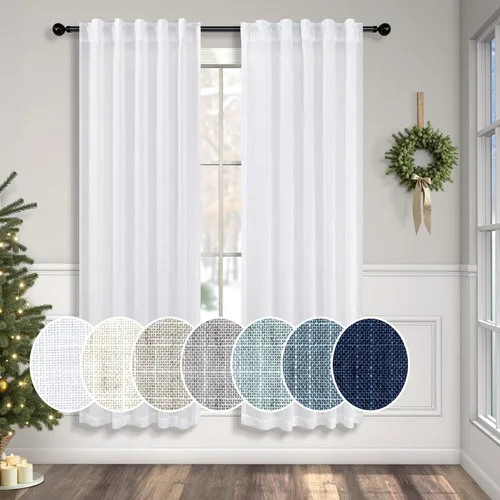 Miniatura 96 de Cortinas de lino azul de 84 pulgadas de largo para sala de estar; juego de 2 paneles con lengüeta trasera; cortinas con dobladillo para barra; Azul