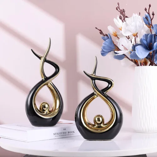 Miniatura 6 de Escultura moderna de cerámica abstracta dorada y negra, estatuas de Knick Knacks para sala de estar, estante, soporte de TV, mesa de café, comedor