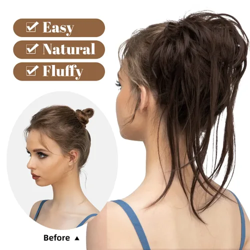 Miniatura 2 de CJL HAIR - Extensión de cabello sintético tipo coletero de chongo desordenado, rizado, con colas rectas, para mujeres, marrón oscuro L-Marrón oscuro