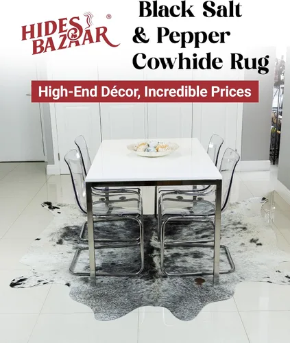 Miniatura 3 de HIDES BAZAAR Alfombra de piel de vaca negra con sal y pimienta, alfombra blanca y negra de primera calidad para sala de estar y más, alfombra única
