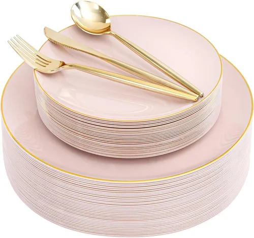 Miniatura 15 de I00000 150 PIEZAS Platos Desechables Dorados Cubiertos, Juego de Vajilla con Purpurina Dorada Incluye 25 Platos de Cena 10.25'', 25 Platos de Postre