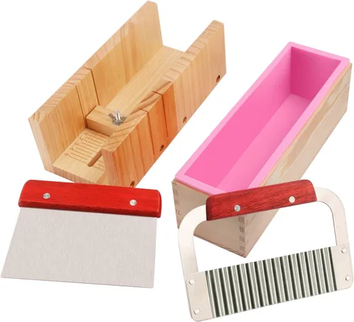 Kit de fabricación de jabón premium con moldes de silicona de 42 onzas, caja de madera y dos cortadores, juego completo de manualidades para verter