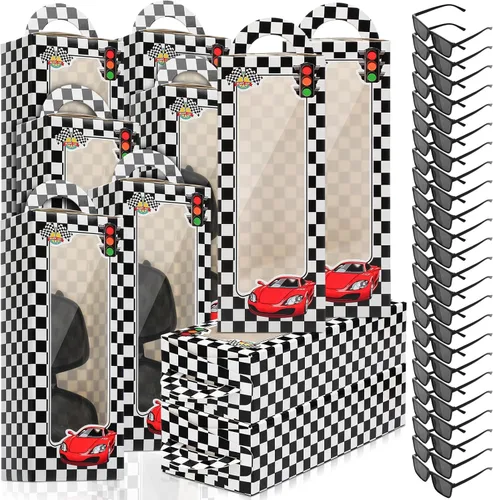 Fuyoooo 24 piezas de regalos de fiesta a cuadros de carreras 12 piezas de gafas de sol negras divertidas, paquete de 12 cajas de carreras a cuadros,