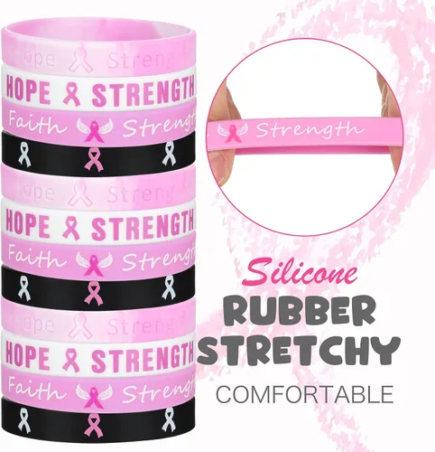 Miniatura 3 de Minatee 100 pulseras de concientización sobre el cáncer de mama, pulseras de silicona con cinta rosa con esperanza, fe, fuerza, coraje, apoyo