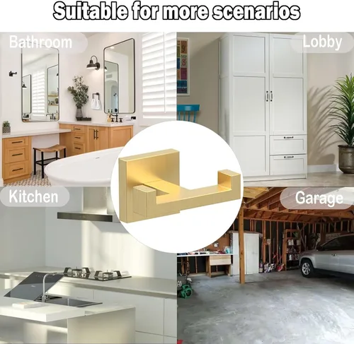 Miniatura 6 de BOZWELL Ganchos dobles para toallas para baño, montaje en pared dorado cepillado, paquete de 2 ganchos modernos de estilo cuadrado para bata, Oro