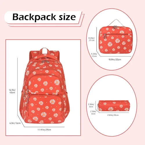 Miniatura 16 de goldwheat Mochilas impresas margaritas con paquete de almuerzo, estuche de lápices 3pcs, bolsa ligera resistente al agua para la escuela secundaria