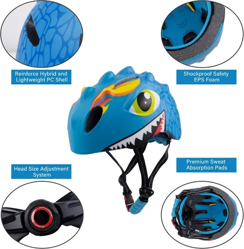 Miniatura 8 de Casco de bicicleta para niños y niñas de 3, 4, 5, 6 años, con dinosaurio 3D, ligero, certificado de seguridad, para niños pequeños, ciclismo, Azul