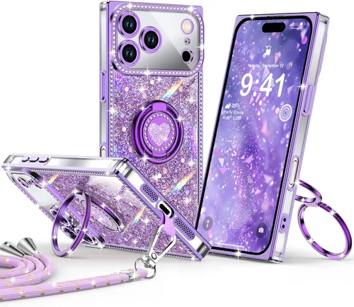 Miniatura 42 de XYZ Funda para iPhone 13, con purpurina brillante con soporte de corazón de 2 anillos y cordón, funda protectora a prueba de golpes con diamantes