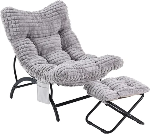Miniatura 9 de Welnow Silla perezosa beige con otomana, silla de lectura de gran tamaño para adultos, silla de descanso acolchada suave para sala de estar