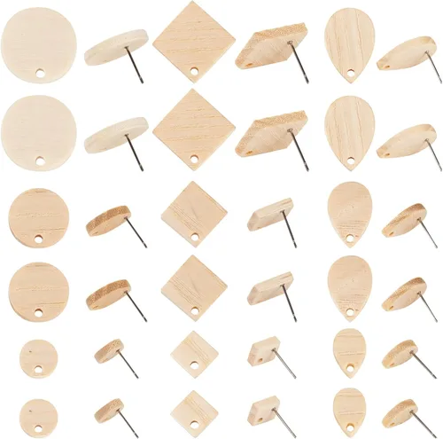 Miniatura 32 de FASHEWELRY 32 piezas de pendientes de madera para pendientes de madera de 0.59 pulgadas (0.591 in) pendientes de madera redondos planos en blanco