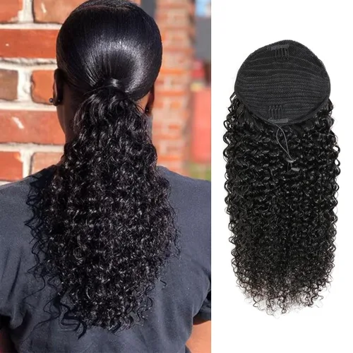 Miniatura 3 de Cola de caballo de cabello humano rizado con cordón brasileño Remy Extensin 3C Kinky Curly Hair Clip en pieza de pelo color natural sedoso suave 10