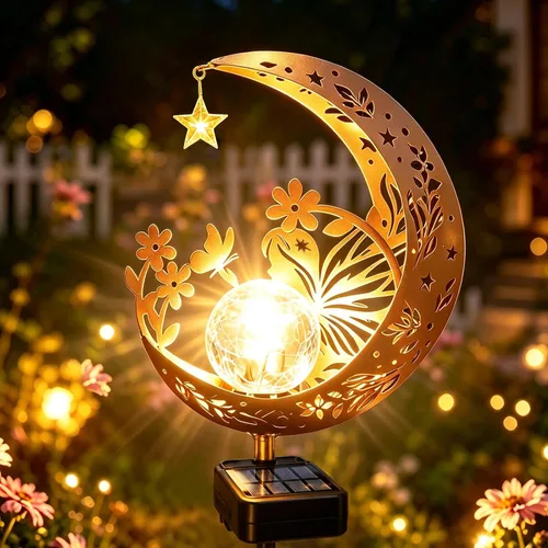 Luces solares para exterior, decorativas, con forma de ángel lunar, luces solares con poste, luces de camino, regalos de cumpleaños para mujeres,