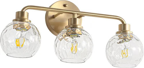 Miniatura 9 de Lámparas de baño doradas para tocador, 3 luces, apliques de pared, luces de latón cepillado con pantalla de vidrio martillado, lámpara de pared