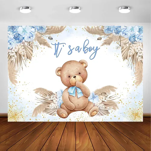 Avezano Telón de fondo bohemio para baby shower para decoración de fiesta de niños, hierba azul de las pampas, con texto en inglés "It's a Boy" para