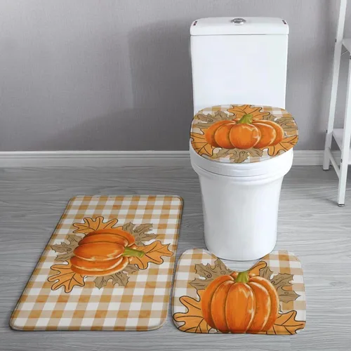 Miniatura 4 de Juego de 3 alfombras de baño de calabaza de otoño con diseño de búfalo naranja, hojas de arce, cosecha de Acción de Gracias, suave, antideslizante