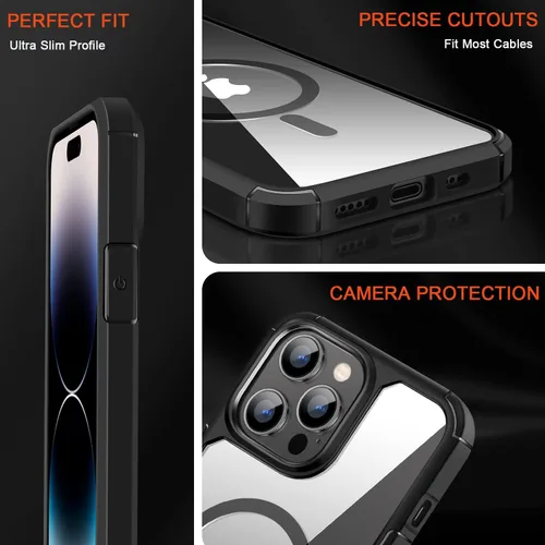 Miniatura 6 de TENDLIN Funda magnética compatible con iPhone 14 Pro Max [compatible con MagSafe] funda protectora transparente de parte trasera dura suave (negro)