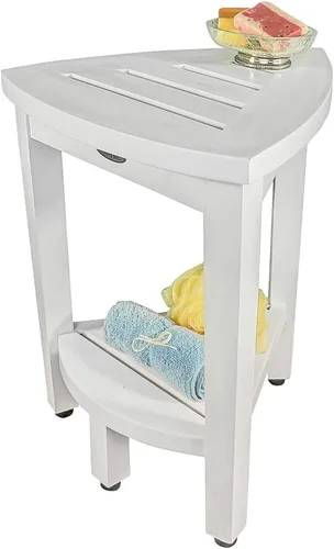 Miniatura 7 de CoastalVogue Snazzy - Banco esquinero de madera de teca con estante esquinero de 15 pulgadas de ancho con acabado blanco antiguo