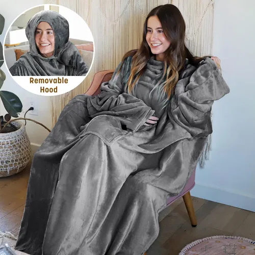 Miniatura 2 de Tirrinia Manta de Forro Polar Vestible con Capucha y Mangas para Adultos Mujeres y Hombres, Súper Suave Cómoda de Felpa Funcional Manta de TV Throw