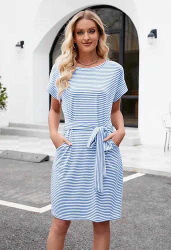 Miniatura 3 de MEROKEETY - Vestido de verano con manga corta, a rayas, casual, estilo camiseta, con lazo en la cintura y bolsillos, para mujer