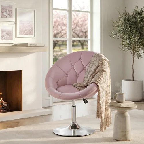 Miniatura 4 de Yaheetech - Silla de tocador para sala de estar, de terciopelo, con respaldo redondo y tapizado, giratoria, con estructura de cromo, altura Rosa