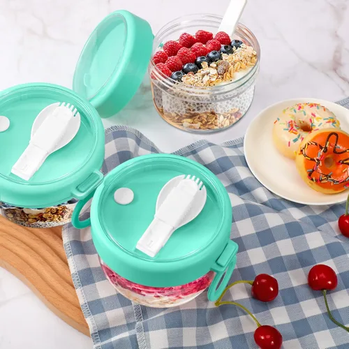 Miniatura 7 de Gerrii 4 recipientes de avena con tapas y cucharas, tarros de avena de plástico de 20 onzas, recipiente hermético de gran capacidad para Cian