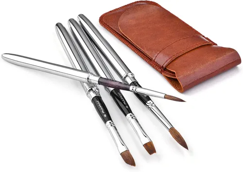Kolinsky Sable Hair - Juego de 4 pinceles redondos para acuarela de viaje, pinceles compactos portátiles para artistas con bolsillo para arte,
