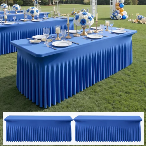 Miniatura 39 de Paquete de 2 manteles de elastano azul bebé de 6 pies con falda de mesa con volantes, manteles ajustables elásticos sin arrugas para mesas