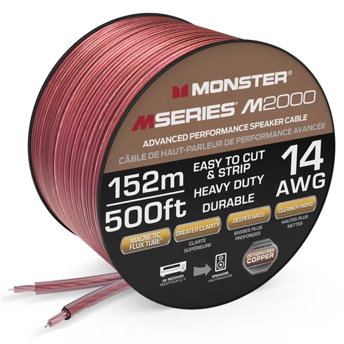 Monster Cable de altavoz Serie M 14 AWG: Cable de altavoz de rendimiento avanzado Bobina de 500 pies con construcción de alambre de altavoz de cobre