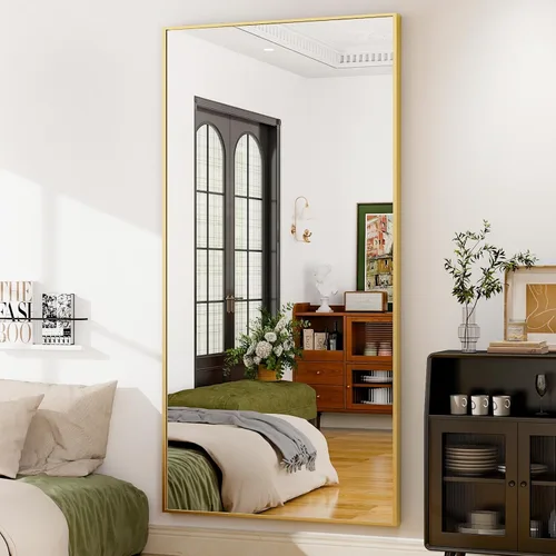 Miniatura 3 de GLSLAND Espejo de cuerpo completo de 64 x 21 pulgadas, espejo rectangular independiente, para colgar o inclinar, de aleación de aluminio, para Negro