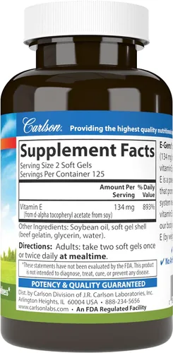 Miniatura 2 de Carlson E-Gems 200 UI (134 mg), vitamina E de origen natural, bienestar óptimo, 250 geles blandos