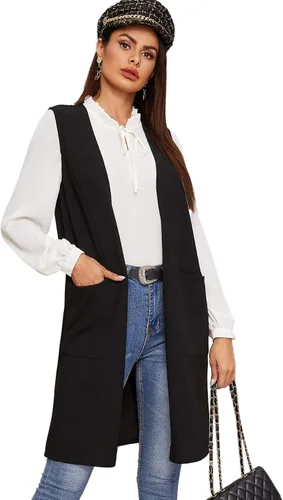 Miniatura 3 de SheIn Chaleco largo con frente abierto para mujer casual sin mangas ropa de abrigo larga con bolsillo