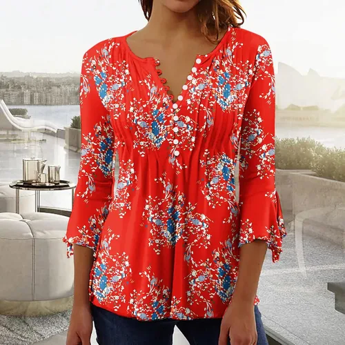 Miniatura 19 de Ceboyel Blusa tipo túnica con estampado floral para mujer, con botones, estilo Henley, con manga de codo, casual, trajes de moda para mujer