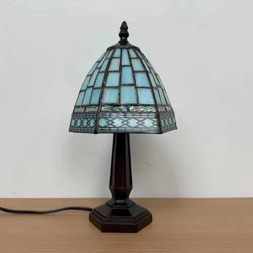 Miniatura 6 de Lámpara de Mesa Pequeña Estilo Tiffany, 3 Temperaturas de Color Rejilla Azul Lámparas de Mesa de Vidrio Emplomado, Luz Nocturna de Mesita de Noche