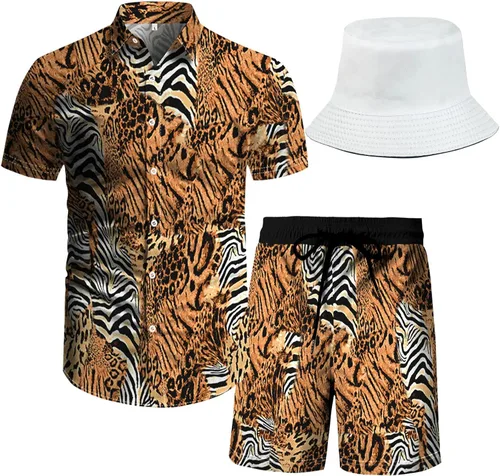 Miniatura 5 de RPOVIG Conjunto de playa a juego con camisas y pantalones cortos para hombre, ropa floral hawaiana para festival, conjuntos de 2 piezas con sombrero