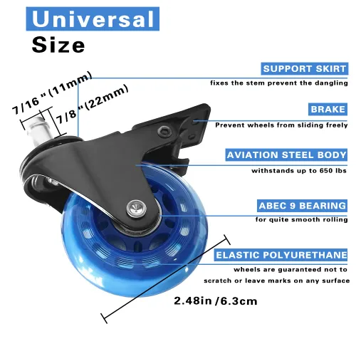 Miniatura 2 de Ruedas para silla de oficina con freno, ruedas de rodadura suave, ruedas resistentes, seguras para suelos de madera dura y alfombras, ruedas de goma