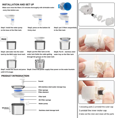 Miniatura 2 de Fuente de agua para gatos Homtyler, fuente de agua para mascotas de acero inoxidable para gatos en interiores, 3 filtros y bomba ultra silenciosa