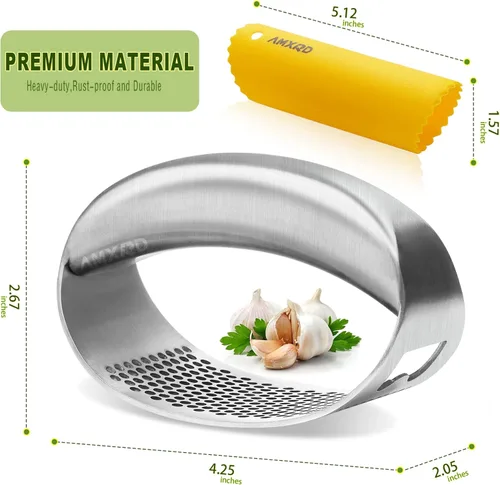 Miniatura 2 de Balancín de prensa de ajo y pelador de silicona, picadora de ajo de acero inoxidable, herramienta de cocina