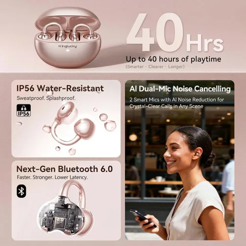 Miniatura 6 de Kinglucky Auriculares de clip mejorados, ajuste cómodo y sonido cristalino, auriculares abiertos de 50 horas de reproducción, auriculares Oro rosa
