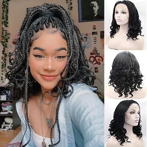 Pelucas de encaje sintético trenzado negro natural para mujer, parte libre, rizado, ondulado, sintético en caja, peluca de encaje trenzado, sin