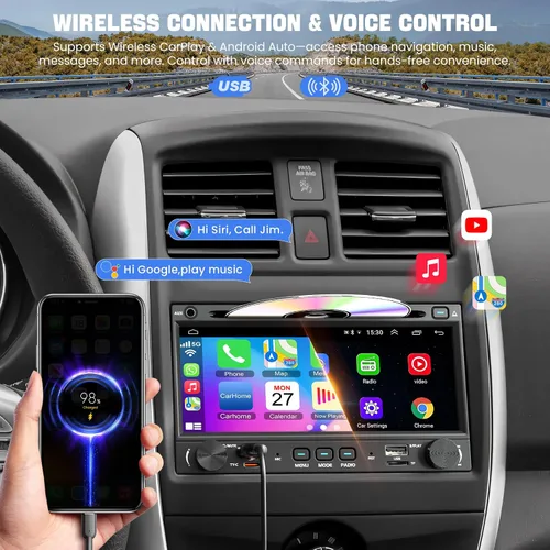 Miniatura 2 de Estéreo de coche doble DIN con reproductor de CD y DVD, compatible con Carplay inalámbrico y Android Auto, radio de coche de 7 pulgadas con salida