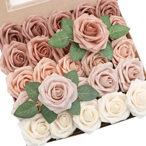 Floroom Flores artificiales, 25 piezas de rosas falsas de espuma de color melocotón Morandi de aspecto real con tallos para ramos de boda, Sombras
