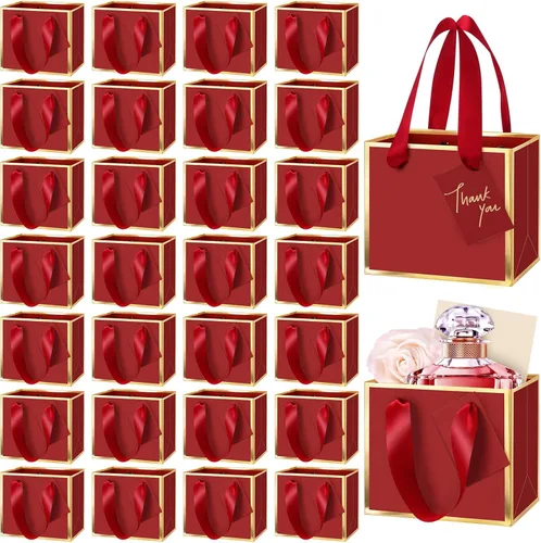Miniatura 16 de Yeaqee 50 mini bolsas de regalo de papel de aluminio metálico con asas de 4 x 4.75 x 2.25 pulgadas, bolsa pequeña de agradecimiento de San Valentín