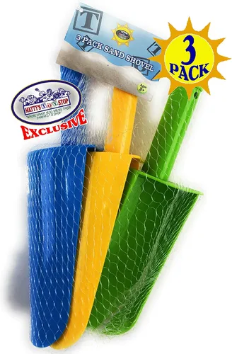 Miniatura 8 de Matty's Toy Stop Paquete de 3 palas de plástico con mango corto para arena y playa (amarillo, azul y verde) para niños de 9 pulgadas